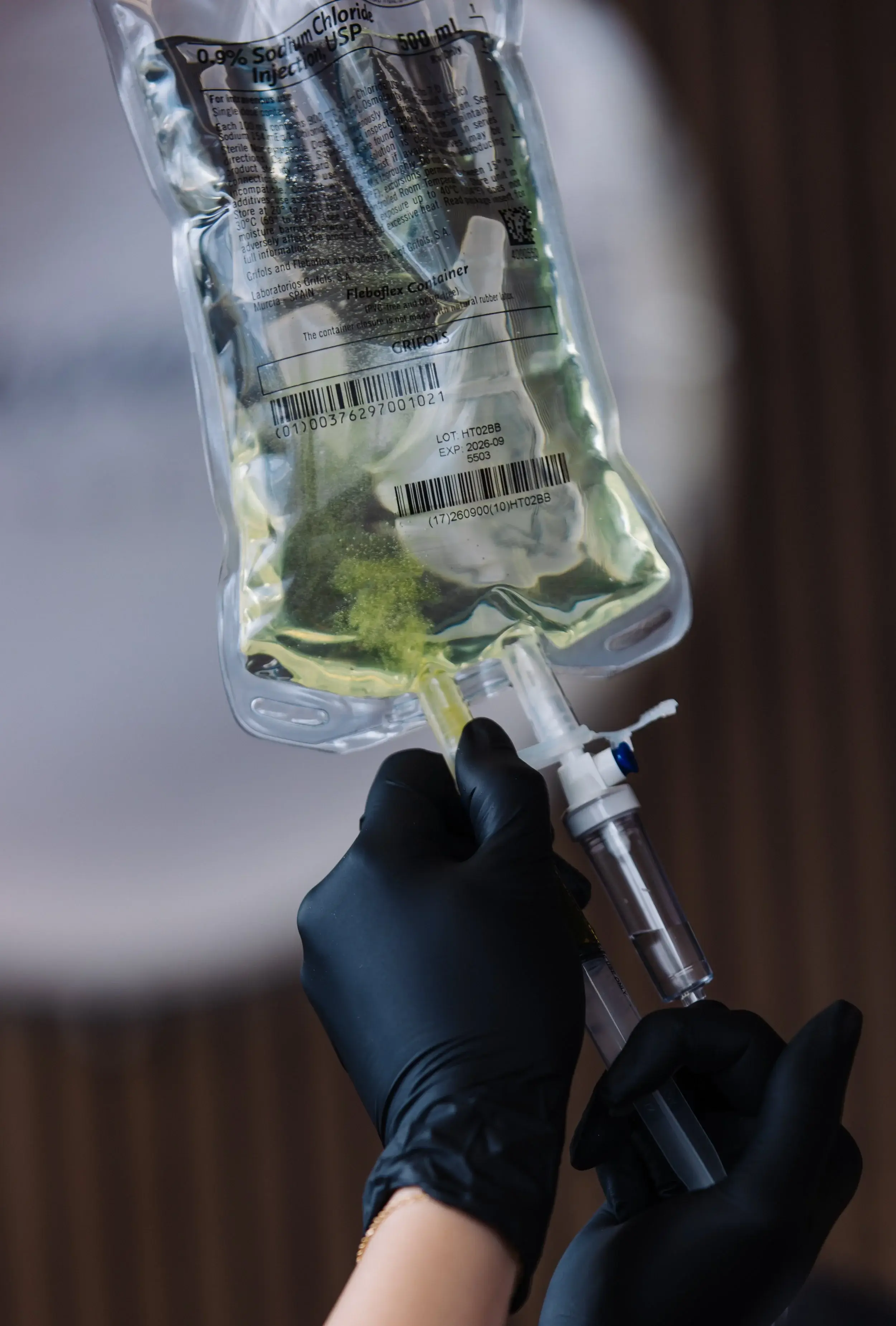 IV fluid bag prepared for an infusion