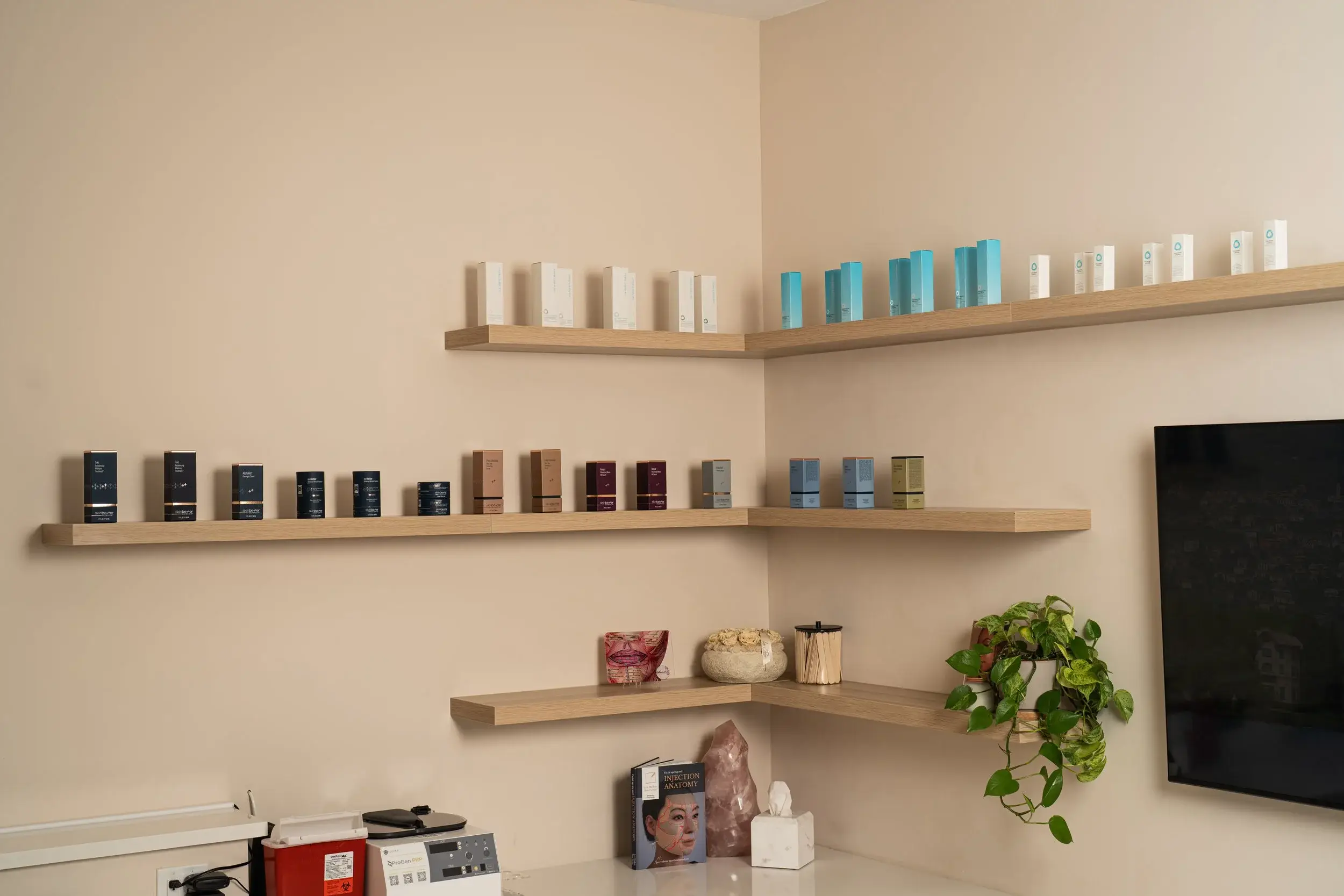 Retail shelves of professional skincare at the Glendale studio